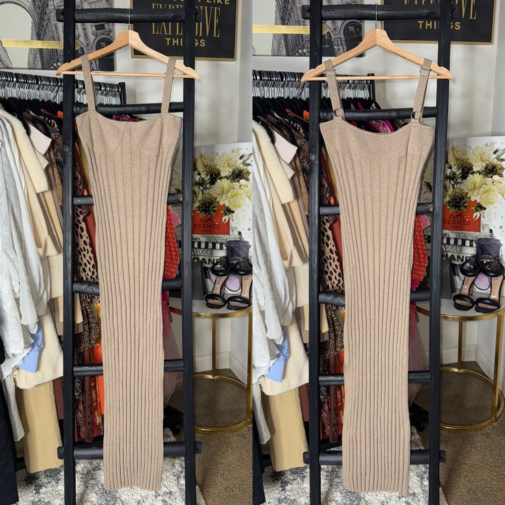 Something Navy Bustier Ribbed Sweater Dress Tan Midi Womens Small - Picture 3 of 11